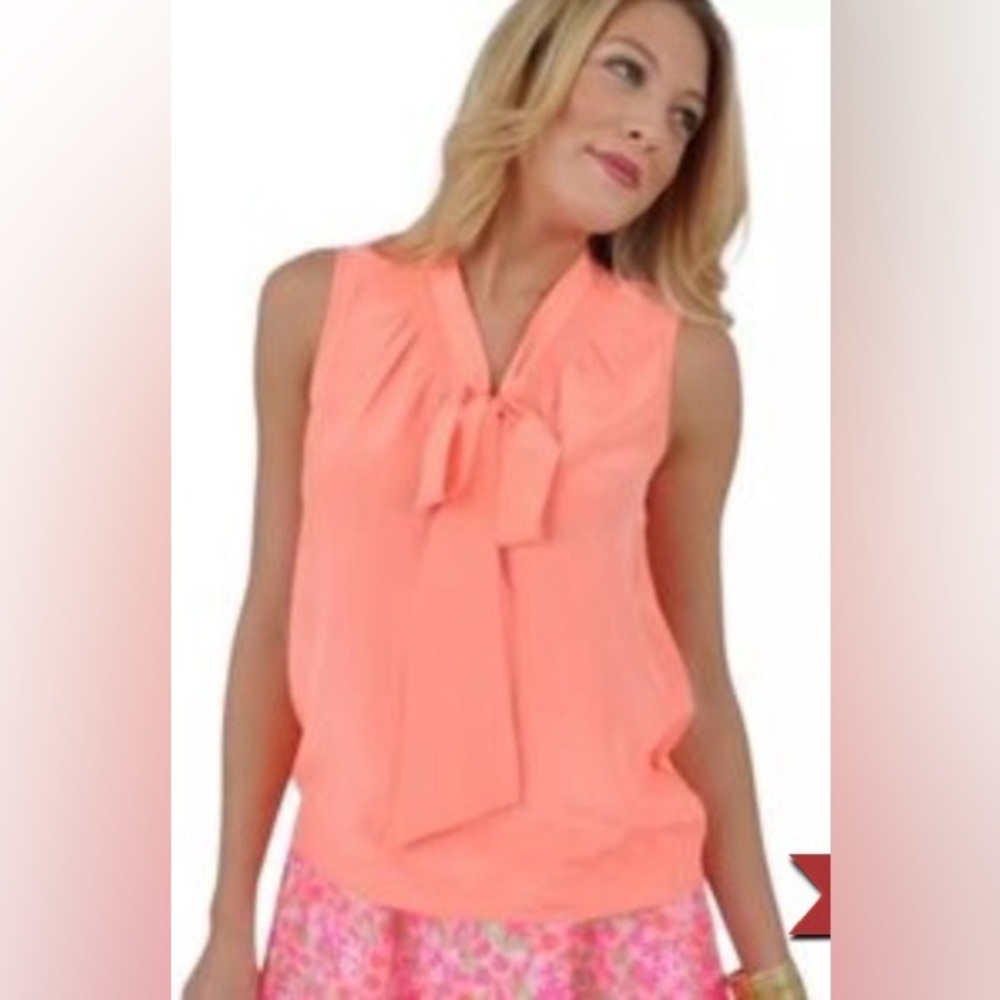 Lily Pulitzer Coral Sleeveless Bow Tie Blouse 100% silk